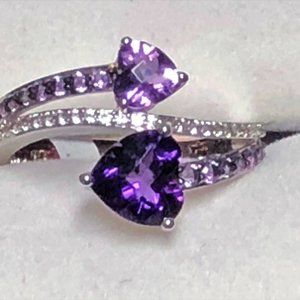 Brand New AMETHYST Double heart ring, white sapphire, SS, 7